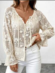 Silhoulove 1 Pack Women's Elegant Sexy White Floral Jacquard Knit Long Sleeve Top,V-Neck Pearl Buttons Flared Cuff Autumn Tea Party Golf Apricot Commute Blouse - Apricot - View 4
