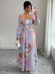 Modelyn Women's Mesh Floral Print Romantic Waist-Cinched A-Line Dress, Suitable For Vacation In Spring/Summer - Multicolor - View 1