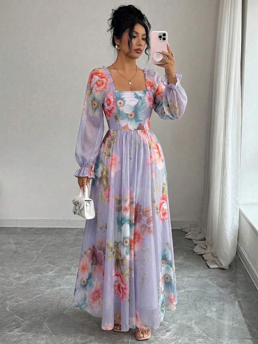 Modelyn Women's Mesh Floral Print Romantic Waist-Cinched A-Line Dress, Suitable For Vacation In Spring/Summer - Multicolor - View 1