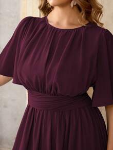 Roveilla Zanzea Plus Size Summer Burgundy Winter Elegant Wedding Maxi Dress,French Round Neck Chiffon Gathered Waist Layered Ruffle Hem Long Dress - Red Violet - View 6