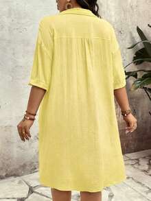 Breezaya Plus Size Button Up Pocket Solid Color Dress - Mustard Yellow - View 2