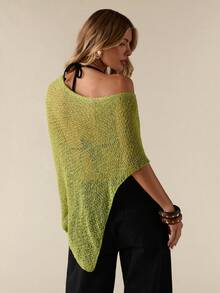 SHEIN BAE Women's Loose Knit Olive Green Shawl Top, Asymmetric Hem Solid Sweater, Summer Street Wear City Break Chic, Suitable For Beach Vacation Party Dates - Green - View 2