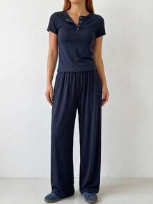 DAZY Minimalist Solid Color Cardigan Style Women Loungewear Set Pajama - Navy Blue - View 2