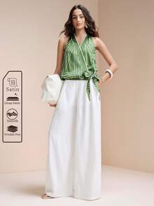 Aveloria Modichic Áo sơ mi nữ chất liệu satin bóng, cổ chữ V, dáng rộng, thắt eo, họa tiết hình học, thích hợp mặc đi làm hoặc mặc thường ngày. - màu xanh lá - Xem 2