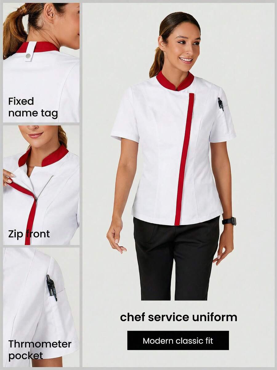 TaskEZ Uniforme de chef de manga corta con ribete de contraste, uniforme minimalista - Rojo y blanco - Ver 1