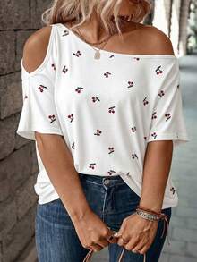 EMERY ROSE New Hot Selling Diagonal Shoulder Cherry Casual Women's T-Shirt - Multicolor - View 3