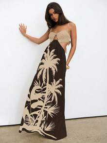 Aloruh 波西米亚风度假风撞色椰树印花系带连衣裙 - 棕色 - 查看 6