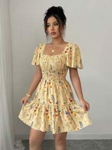 Rafferiza Women's Elegant Square Neck Flare Sleeve Ruffle Hem Short Dress, Summer - Light Yellow - View 3