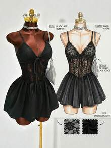 Mistrie Đầm mini dáng chữ A cổ chữ V hở lưng, phối ren đen, kiểu dáng mùa hè mới, thích hợp cho buổi hẹn hò, đi club hoặc mặc ngủ gợi cảm. - màu đen - Xem 3