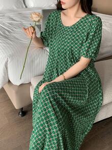 DAZY Lightweight And Breathable Allover Print Casual Short Sleeve Sleep Dress, Moo Moo Pajama - Green - View 3