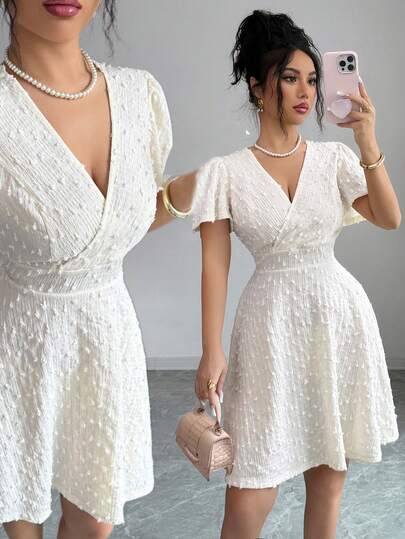 Elenzga Women's Polka Dot Textured Fabric Crossover V-Neck A-Line Short Dress, Casual Vacation Daily Date Outfit