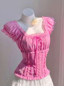 Comfortcana 女士纯色荷叶边前系带短袖休闲衬衫 - 藕粉色 - 查看 7