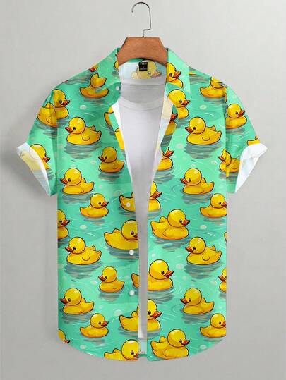 Manfinity Joysei Chemise à manches courtes à imprimé canard, style décontracté polyvalent pour un port quotidien, coupe simple pour homme