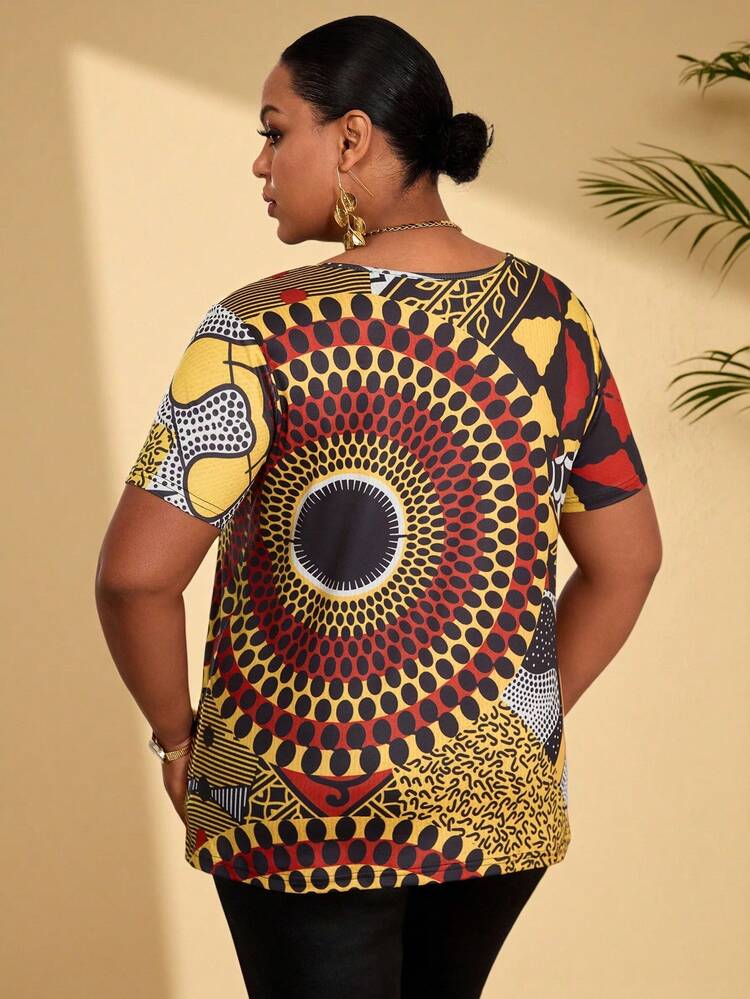 Plus Size Fashionable Printed Round Neck Short Sleeve T-Shirt, Summer\Vacation Plus Size Women Clothes African Clothes Women Plus Size Work Tops Summer Tops   Summer Outfits Summer Clothes Spring Dress Spring Outfit Women Spring Clothing Beach Vacation Outfits For Women Vacation Dress Bohemian   Festival Outfits For Women Beach Outfits For Women  Casual Blouses For Women
