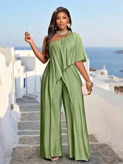 Brilight Women's Solid-Color Textured Fabric Summer Sleeveless Wide-Leg Pants Jumpsuit. With A Luxurious Minimalist Style, It Exudes A High-End Feel! The Comfortable And Loose Fit Is Suitable For Vacation Leisure, Easter, Carnivals, Promotional Events, Valentine's Day, Harmony Day And Halloween. Women Jumpsuit.
