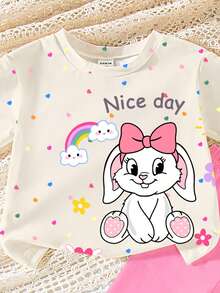 一套女婴可爱兔耳豹纹爱心图案圆领短袖T恤和针织长裤套装，卡通兔子印花服装，春夏日常夏季穿搭T恤套装 - 彩色 - 查看 3