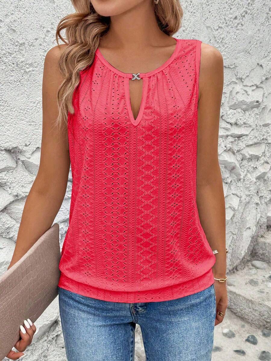 Breezaya Vestă elegantă pentru femei, culoare solidă, jacquard, brodat, perforat, cu guler rotund, cu decupaj metalic - roșu - Vizualizare 1