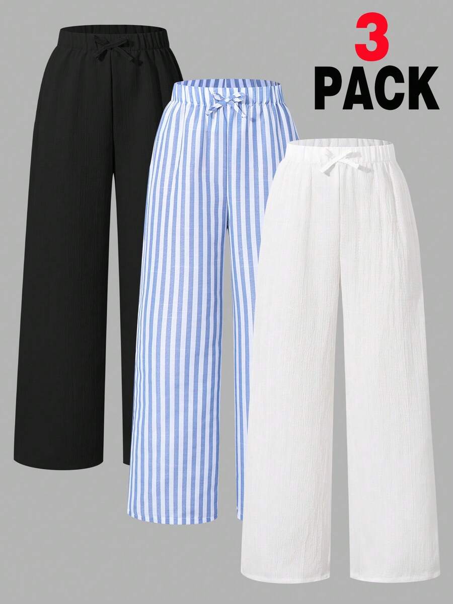 Sparklyn 女童秋冬时尚休闲宽松舒适日常百搭基础款弹力腰带阔腿裤，条纹航海风休闲裤三件套，松紧腰带，蝴蝶结装饰，直筒裤型，舒适宽松版型，多种颜色可选，三件套，女童下装，秋季穿搭，粉色和白色 - 彩色 - 查看 1