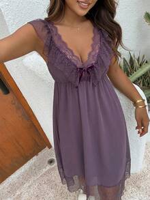 Romantic Mesh Lace Patchwork Ruffle Trim Backless Camisole Nightgown, Pajama - Purple - View 3
