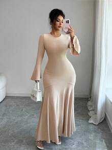 Elenzga Plus Size Women Solid Color Waist Ruffle Hem Mermaid Dress With Long Sleeves - Champagne - View 6