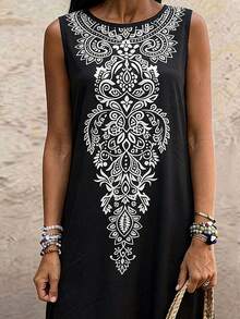 Linavere Women's Minimalist Printed Round Neck Sleeveless Dress - Black - View 3