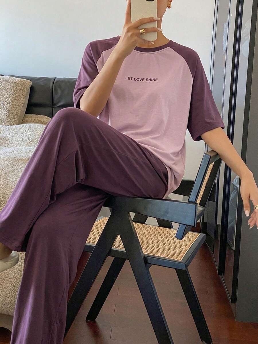 DAZY 2pcs Letter Print Raglan Sleeve Loose Short Sleeve Women Pajama Set - Purple - View 1
