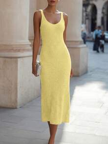 SHEIN New Casual Loose Fitted Sexy Elegant Elegant Solid Color Minimalist High-End Camisole Dress, Spaghetti Strap V-Neck Graceful Everyday Casual Date Style, Extremely Simple Charm, Gentle Lady, French Lazy, Retro Relaxed Feeling, Commuting Workplace, Home Holiday, Women Knitted Khaki Ribbed Sweater Dress - Light Yellow - View 7