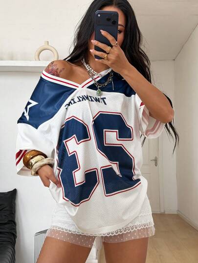 Coolane Áo thun nữ mùa xuân/hè, phong cách đường phố, thoáng khí, chất liệu lưới, họa tiết số và hình in, kiểu áo bóng chày, màu đỏ.