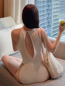 DAZY Women's Sleeveless One-Piece Polka Dot Mesh Patchwork Sexy Casual Solid Color Swimsuit Beach Golf Outfit Summer White - White - View 2
