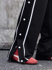 EVRINFINITE Men Contrast Tape Button Side Drawstring Waist Sweatpants - Black - View 5