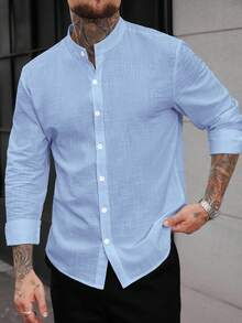 Manfinity CasualCool Áo sơ mi nam đơn màu, cài một hàng khuy, kiểu dáng thường ngày, đa năng. - Màu xanh nhạt - Xem 6