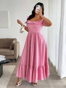 Easura Đầm kẻ caro cổ vuông viền bèo nhún cỡ lớn - Đỏ - Xem 5