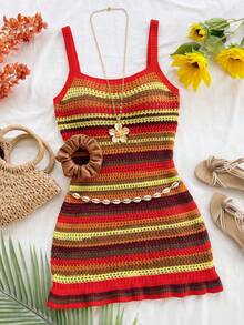 Mistrie Women's Sleeveless Striped Knit Dress, Short Fitted Frill Trim Summer Beach Vacation Dress, Summer , Summer Dress , Summer Dresses For Women , Summer Tops, Summer Dresses , Summer Clothes , Summer Outfits For Women , Summer Outfits , Summer Outfit For Women , Beach Vacation Outfits For Women , Vacation Outfits Women , Holiday Outfits For Women , Vacation , Holiday , Summer Holiday Outfits , Holiday Outfits , Vacation Outfits For Women , Vacation Dresses Vacation Dress , Es For Women Swimsuit Dress For Women Vintage Bathing Suit Crochet Swimsuit, Summer , Summer Clothes  , Summer Outfits For Women , Summer Outfits ,  Summer Outfit For Women ,Vacation Outfits Women - Multicolor - View 6