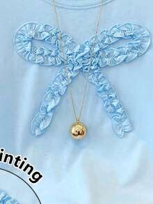 Cute Tween Girls Baby Blue Polyester T-Shirt Ruffle Graphic Bow Regular Length Short Sleeve Round Neck Regular Fit - Baby Blue - View 4