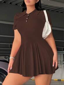 Flirla Plus Size Solid Color Pleated Minimalist Casual Collared Short Sleeve Dress - Brown - View 5