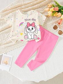 一套女婴可爱兔耳豹纹爱心图案圆领短袖T恤和针织长裤套装，卡通兔子印花服装，春夏日常夏季穿搭T恤套装 - 彩色 - 查看 6