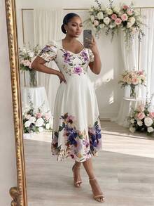 SHEIN Lady 大码女式碎花V领泡泡袖短袖优雅中长连衣裙，度假必备。春季女装，优雅碎花连衣裙，优雅夏日连衣裙，碎花连衣裙，优雅女装，优雅碎花中长连衣裙，女士优雅连衣裙。 - 彩色 - 查看 5