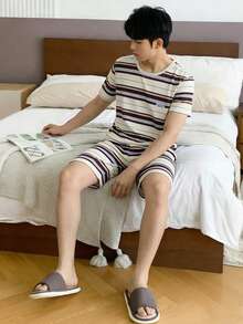 青少年男孩条纹印花短袖短裤休闲家居服两件套 - 彩色 - 查看 5
