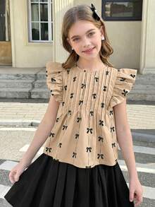 SHEIN Áo kiểu tay ngắn cổ tròn dáng rộng in nơ cho bé gái tuổi teen - Màu Khaki - Xem 13