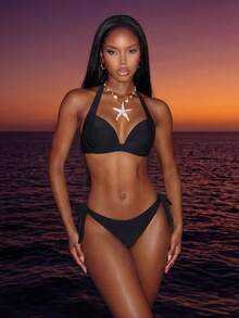 Vaytide Summer Beach Halter Tie Side Bikini Set - Black - View 2