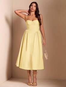 SHEIN BAE Đầm dài không tay dáng phồng thanh lịch dành cho nữ, thích hợp cho các buổi hẹn hò hàng ngày, đi chơi, đi hộp đêm, dự tiệc và các buổi tụ họp vào mùa thu. - Màu vàng - Xem 7