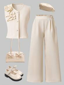 SHEIN Tween Girls' 2-Piece Set,Beige White Summer Tea Party Sleeveless Asymmetric Top With 3D Floral Ruffle & High-Waisted Wide Leg Pants,Elegant Outfit - Beige - View 5