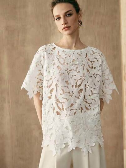 Arave Women's Embroidered Elegant Casual Vacation & Commute Round Neck Short Sleeve Top