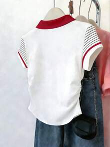 Resyla Women's Striped Polo Collar Short Sleeve Casual T-Shirt - White - View 2