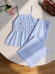 SHEIN Sparklyn Girls Striped Camisole Top And Straight Leg Pants Summer Vacation Outfit - Blue - View 2