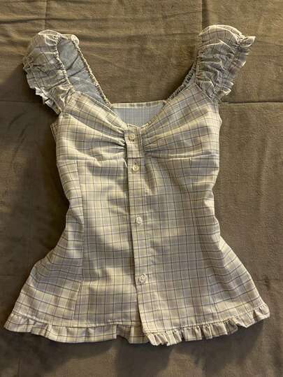 Glimmora Áo sơ mi nữ kẻ caro cài cúc, viền bèo nhún, kiểu dáng thường ngày.