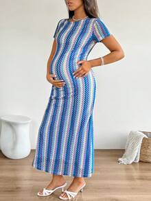 SHEIN 夏季孕妇休闲条纹短袖连衣裙 - 藍白色 - 查看 6