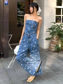 DAZY Bộ áo quây và quần jeans ống rộng dành cho nữ - Màu xanh lam - Xem 6