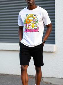 Manfinity Homme Áo thun nam tay ngắn cổ tròn in chữ hoạt hình, kiểu dáng thường ngày, thích hợp mặc ở nhà. - trắng - Xem 1