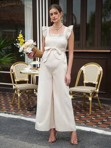 Momance 荷叶边装饰孕妇连体裤，细肩带，蝴蝶结腰带，侧拉链，直筒裤型，纹理面料 - 米色 - 查看 4